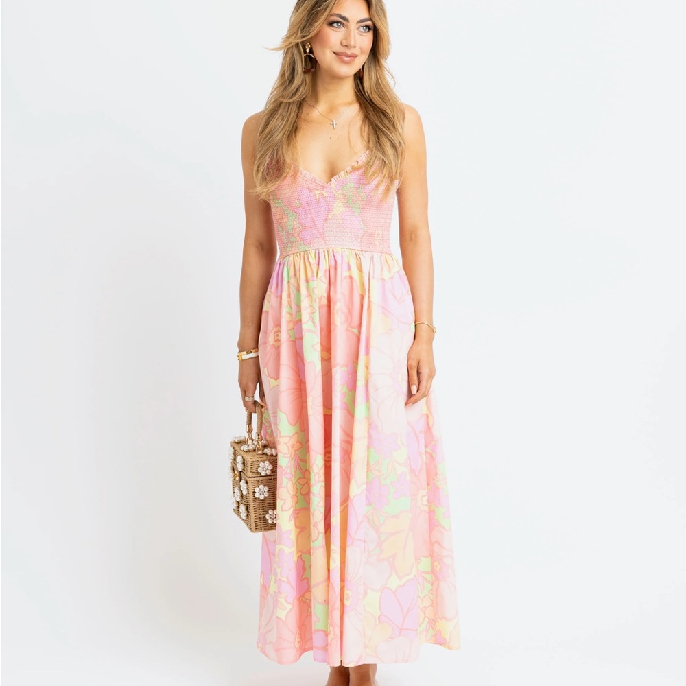 Karlie Big Floral Pastel Smock Tank Maxi Dress
